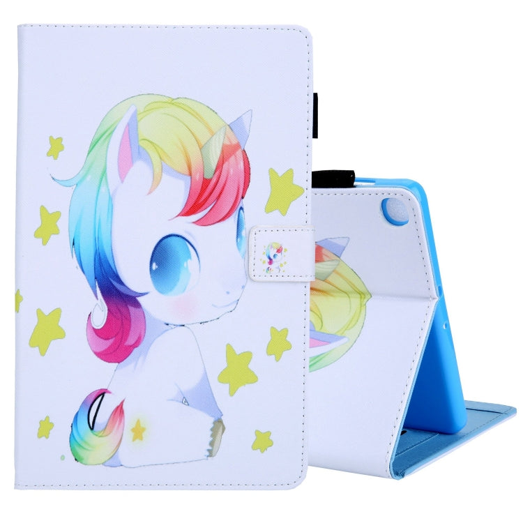 Samsung Galaxy Tab A9+ Colored Drawing Leather Tablet Case featuring a colorful Unicorn design, made from durable TPU and PU leather.